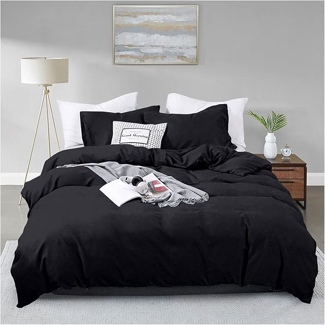 FAIRWAYUK Poly Cotton Bedding Set - 2 Piece Ultra Soft Single Duvet Cover with Matching Pillowcase, Solid Color Pattern Quilt Covers, Machine Washable, 137x200cm, Black