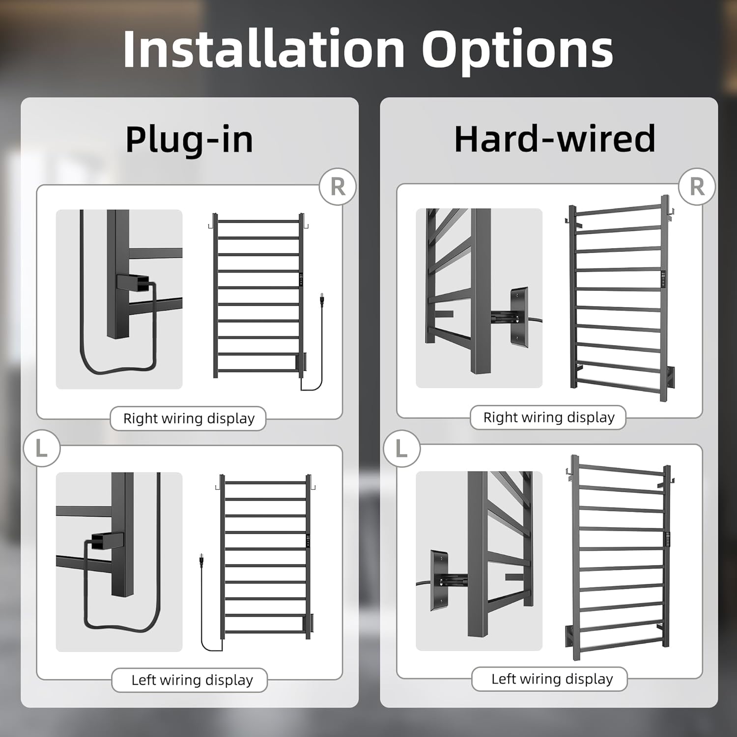 P&Dlusir Square Bar Towel Warmer, Heated Towel Rack with Smart Timer and Thermo Control, Wall-Mounted Heated Towel Rail, Stainless Steel, Hard-Wired/Plug-in, 10 bar, Matte Black