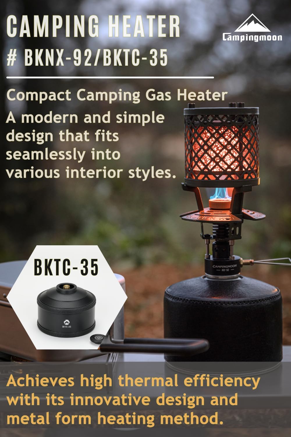 CAMPINGMOON Desktop Gas Heater with Empty Refillable Canister 110g for Outdoor Camping T-HEATER GASWARE Collaboration Limited Edition Black BKNX-92/BKTC-35