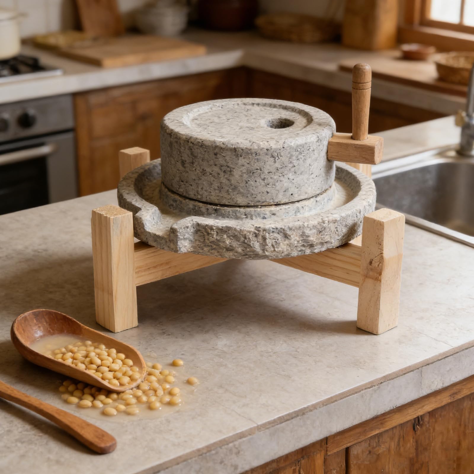 Alipis Supporto per Mulino a Pietra Manuale 42 Cm in Legno Rustico, Base Stabile per Macinazione Farina e Spezie, Utensile da Cucina per Cottura del Pane e Preparazione Casalinga
