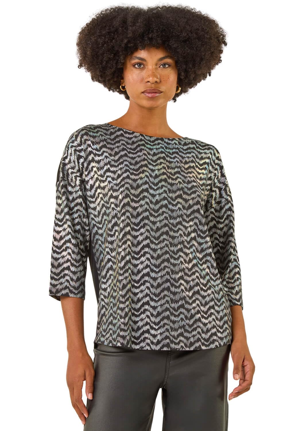 Roman Originals Women's Metallic Silver Stretchy Top For Uk - Jersey Blouse Smart Casual Tunic Work 3/4 Length Sleeve Round Neck Boat Neckline Flattering Autumn Winter - Size 12