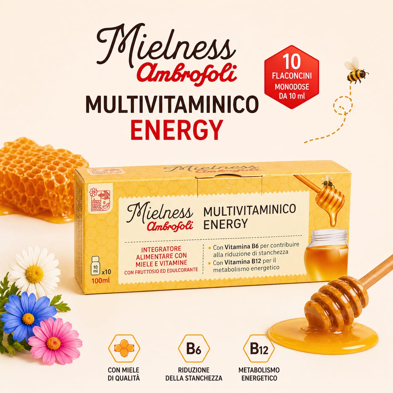Ambrosoli Multivitaminico Energy con Miele – Integratore Stanchezza e Affaticamento – Vitamine B6 B12 – Metabolismo Energetico – 10 Flaconcini 10ml (Confezione da 2)