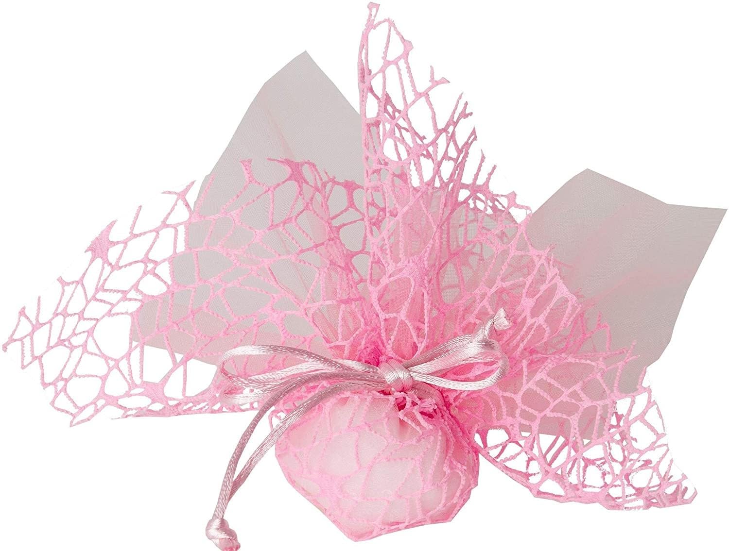 Confezione 30 pezzi, Bomboniera sacchettino (misura 10x12) polycotton rete + velo organza + nastro autotirante, portaconfetti. (ck1768) (Rosa)