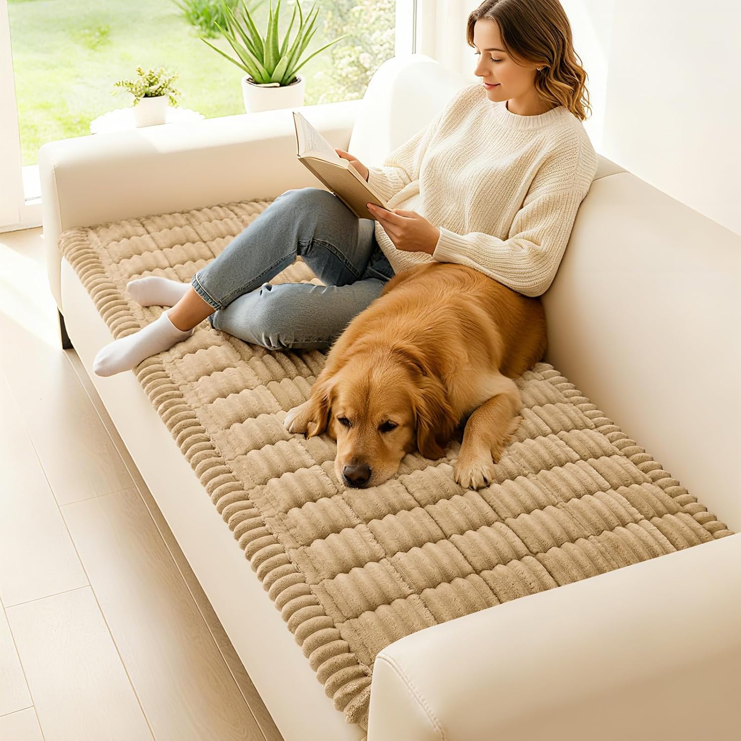 hyha Couch Covers for Dogs Washable, Non Slip Plush Dog Sofa Protectors, Fuzzy Pet Couch Covers for 3 Cushion Sofa Pet Friendly (Camel, 27.6" x 70.9")