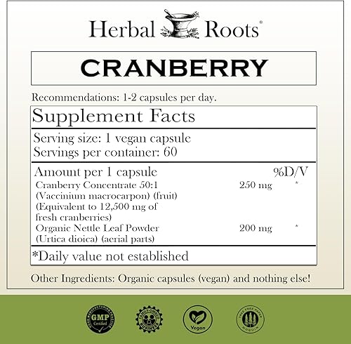 Miniatura 2 de Herbal Roots Pastillas de arándano extra fuertes para mujeres y hombres con ortiga orgánica | Salud del tracto urinario | 60 cápsulas veganas