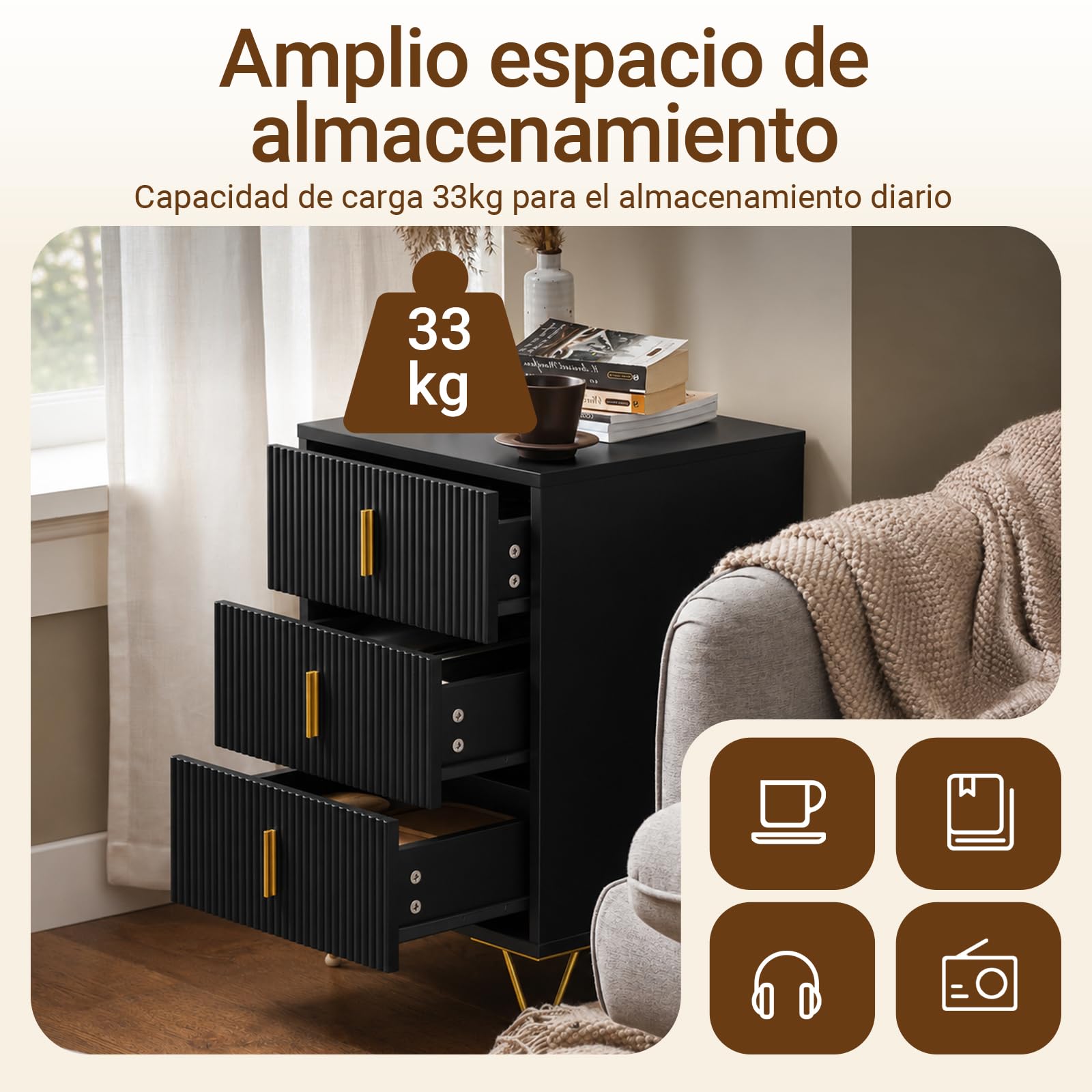 SoBuy Juego de 2 mesitas de Noche con 3 cajones, 40x40x63cm Dormitorio | Altura ergonómica 63 cm y carga 33 kg, mesa auxiliar moderna para espacios pequeños, color negro, FBT115-L-SCHx2