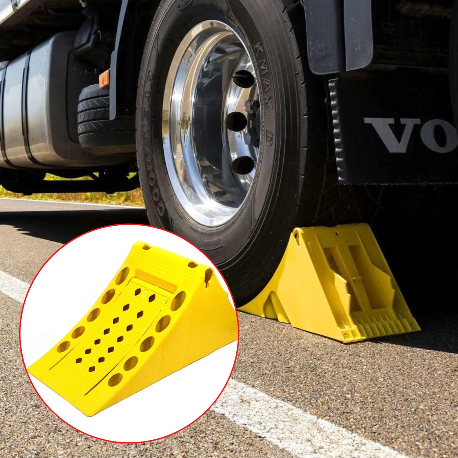 Generisch 2 cuñas de freno antideslizantes para camiones, con soporte, 6500 kg, 6,5 t, color amarillo