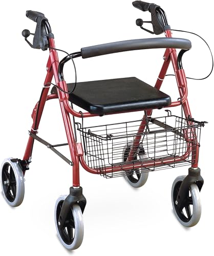 Caremax Four-Wheel Rollator Walker with 8 Inch Wheels, Red, Lightweight Aluminium Frame, Padded Seat with Back Support, Shopping Basket Included, Foldable