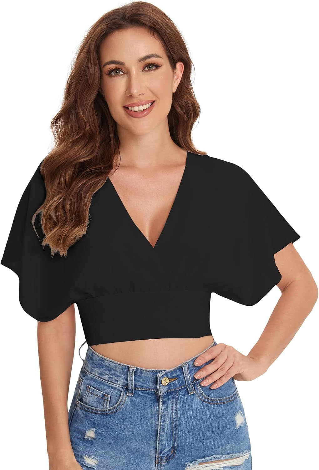 Floerns Women's Summer Cute Short Sleeve Bow Tie Crop Blouse Top
