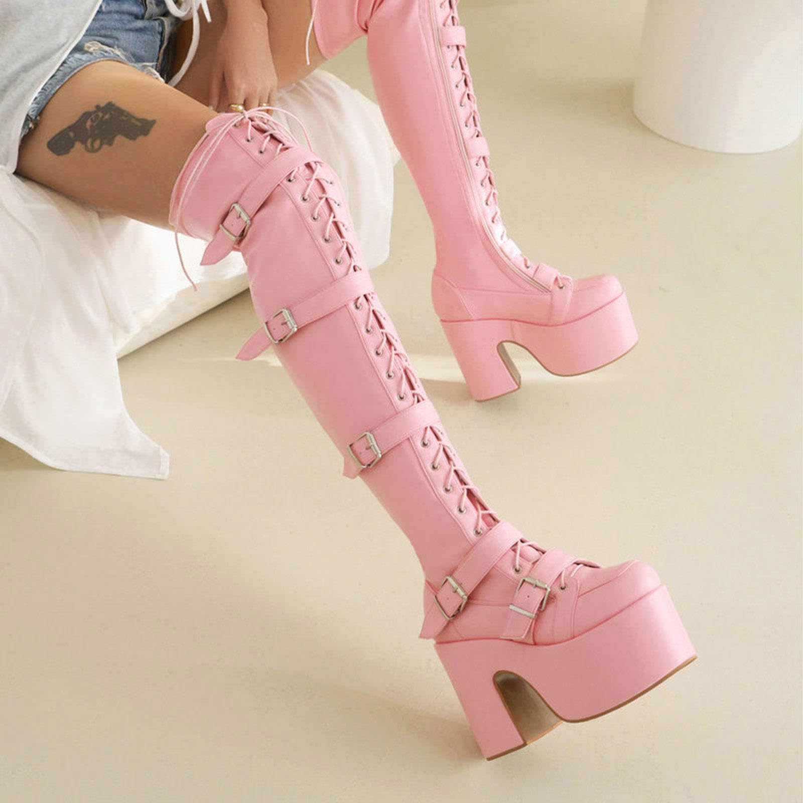 High Heels Damen Plateau Overknee Stiefel Blockabsatz Gürtelschnalle Schnürstiefel Hohe Stiefel Abendschuhe Partyschuhe 8,5cm,Pink-44