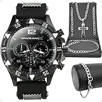 Relógio Masculino Preto Grande Borracha Elegante + Pulseira Corrente Prata + Cordao Masculino Ideal Para Presente