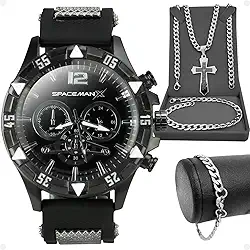 Relógio Masculino Preto Grande Borracha Elegante + Pulseira Corrente Prata + Cordao Masculino Ideal Para Presente