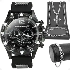 Relógio Masculino Preto Grande Borracha Elegante + Pulseira Corrente Prata + Cordao Masculino Ideal Para Presente