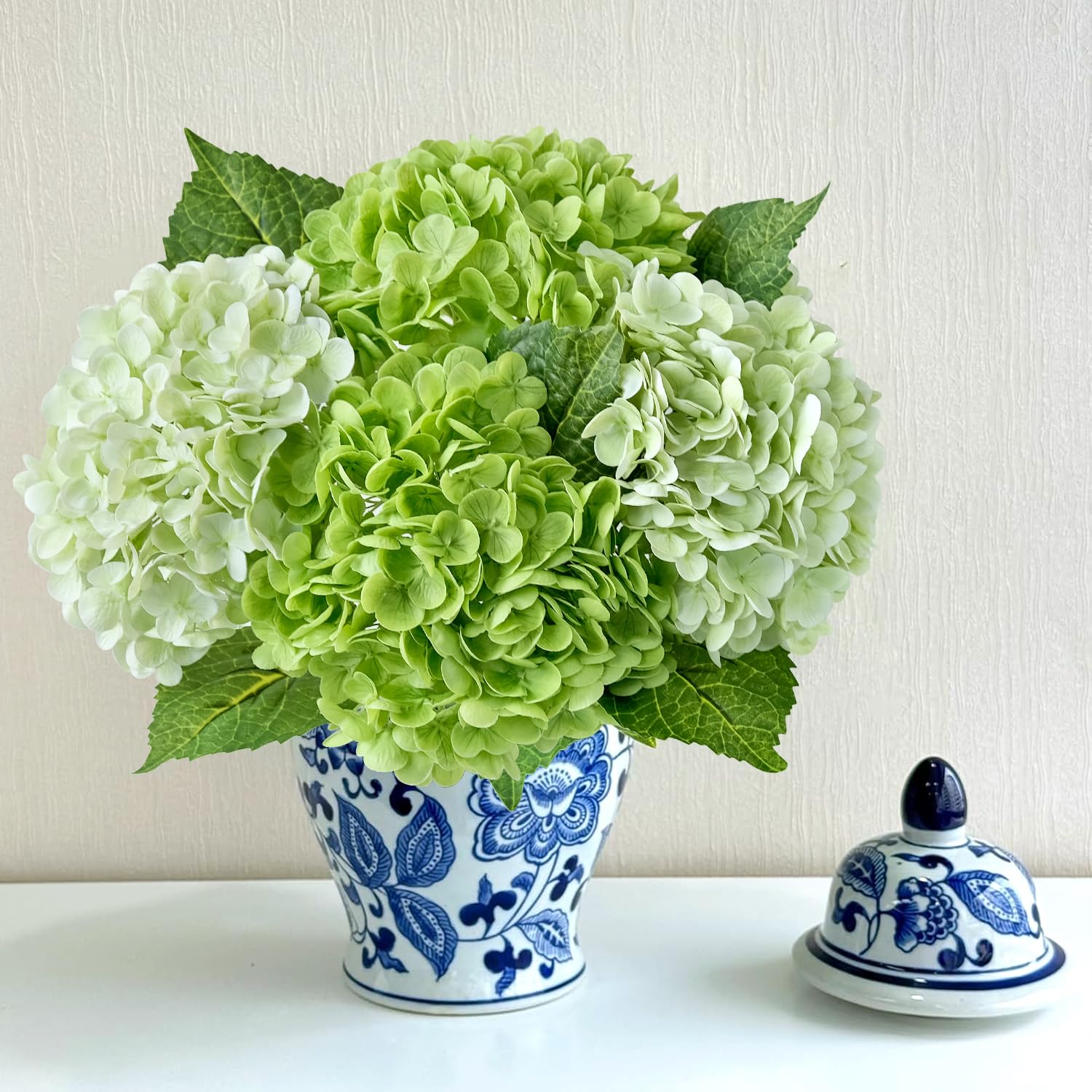 ZYTUYO 4 Pcs Real Touch Light Green Dark Green Hydrangeas Artificial Flower 21'' Realistic Faux Latex Hydrangeas Flower for Home Decor Kitchen Living