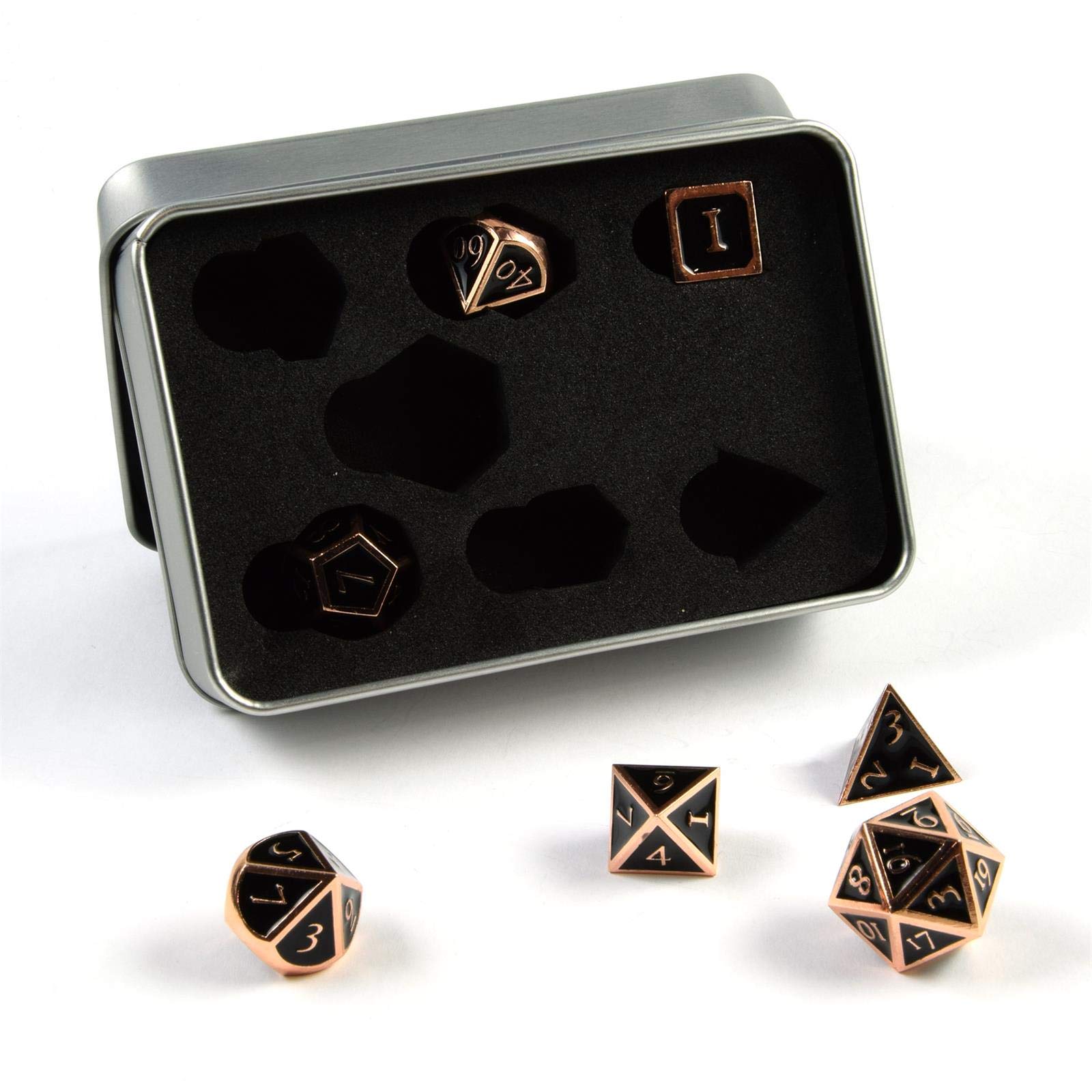 shibby Juego de 7 Dados de Metal poliedrico para Juegos de rol y Mesa Steampunk, Color Cobre y Negro, Incluye Caja de Almacenamiento, 60014945