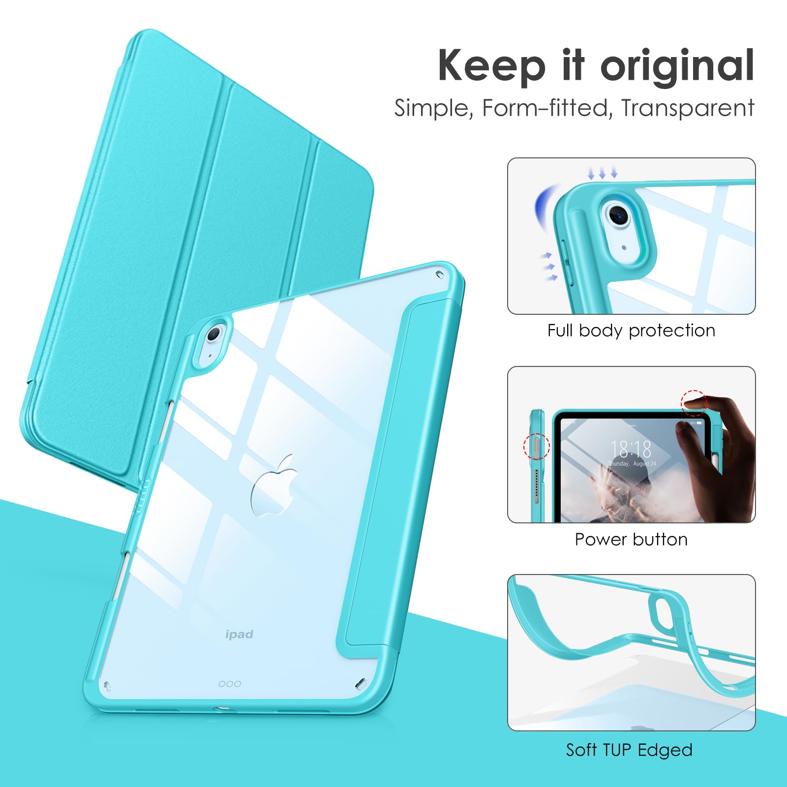 DTTOCASE - Funda Para IPad De 10.ª Generación De 2022, 10.9", Reverso Transparente Y Marco De Poliuretano Termoplástico Antigolpes (con Portalápiz Y Compatible Con Apagado/encendido), Azul Morado