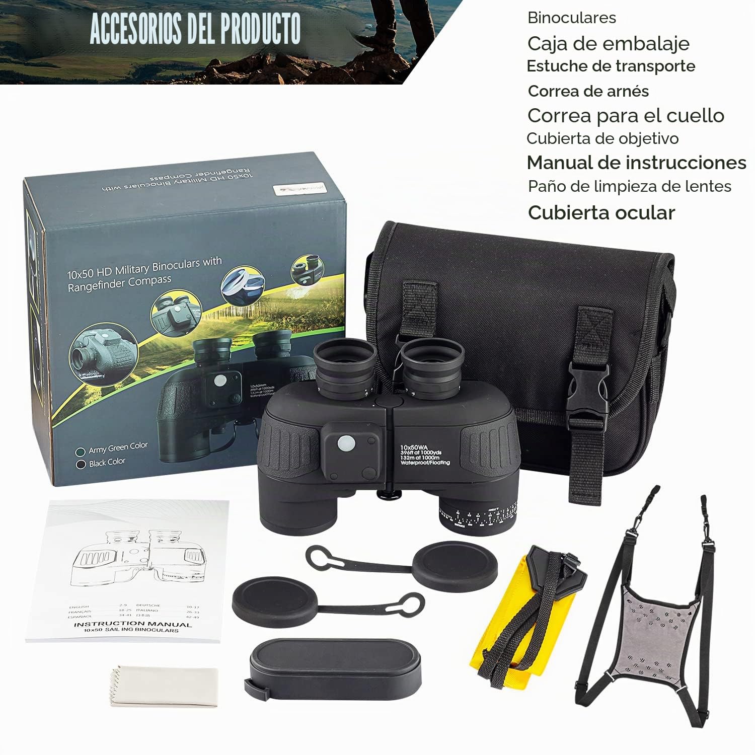 Prismáticos 10x50 Campo de visión Ultra Amplio FMC BAK4 IPX7 Impermeable Anti Niebla Telémetro Brújula para navegar - Todas Las Edades con Correa de Arnés Negro