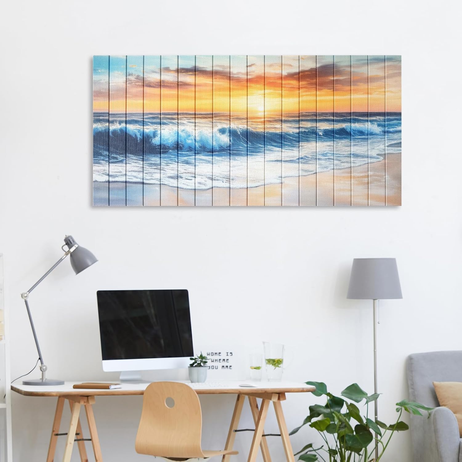 llribbons Hand Painted Large Ocean Sea Waves Canvas Wall Art Coastal Sunset Prints Nature Seasacpe Ribbon Artwork Ready to Hang for Living Room Bedroom Home Decor Modern Stretched Framed 20" x 40"