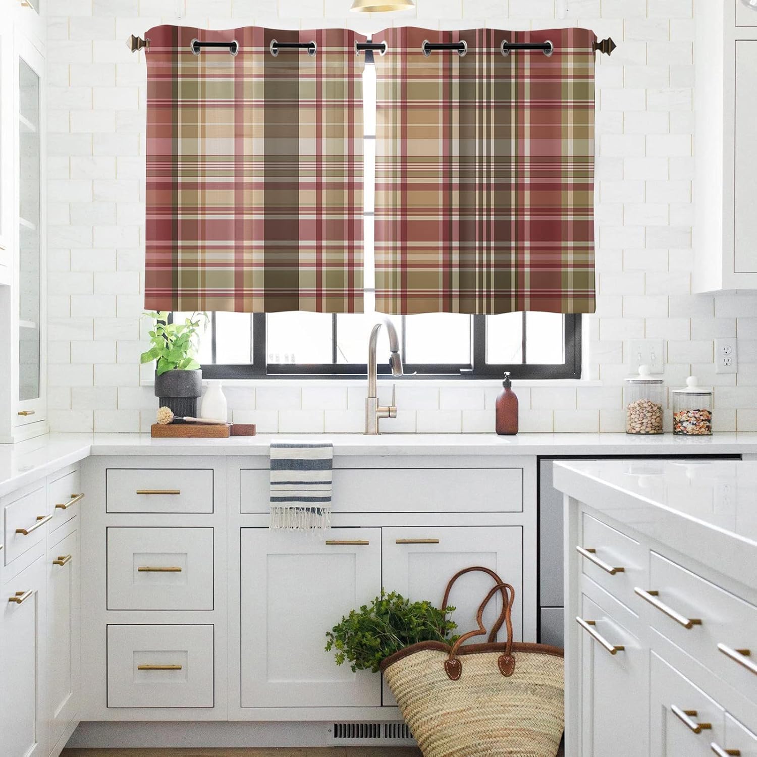 Buffalo Plaid Curtains for Living Room 63 Inch Length Drapes, Farmhouse Style Retro Green Red Plaid Window Treatments Curtain Panels, Grommet Top, 2 Pack