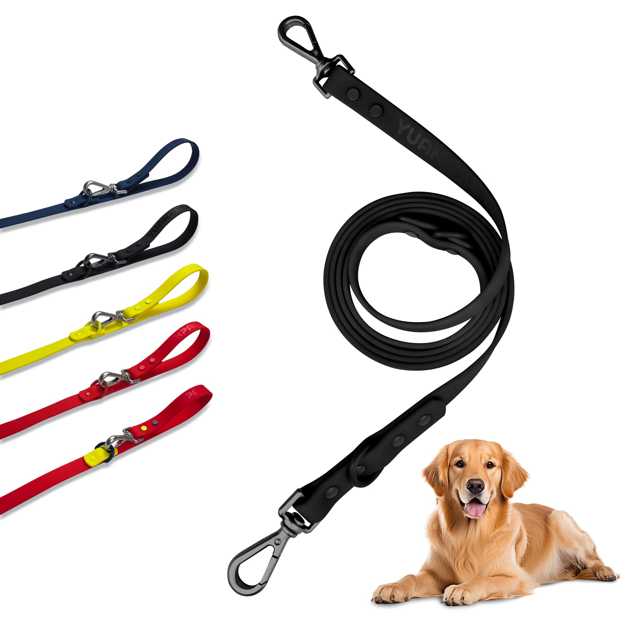 Correa Impermeable para Perro, Correa de Perro Resistente de Doble Extremo, Correa de Nailon recubierta de PVC, fácil de Limpiar, 3 Longitudes o 2 Cachorros (Negro, M)