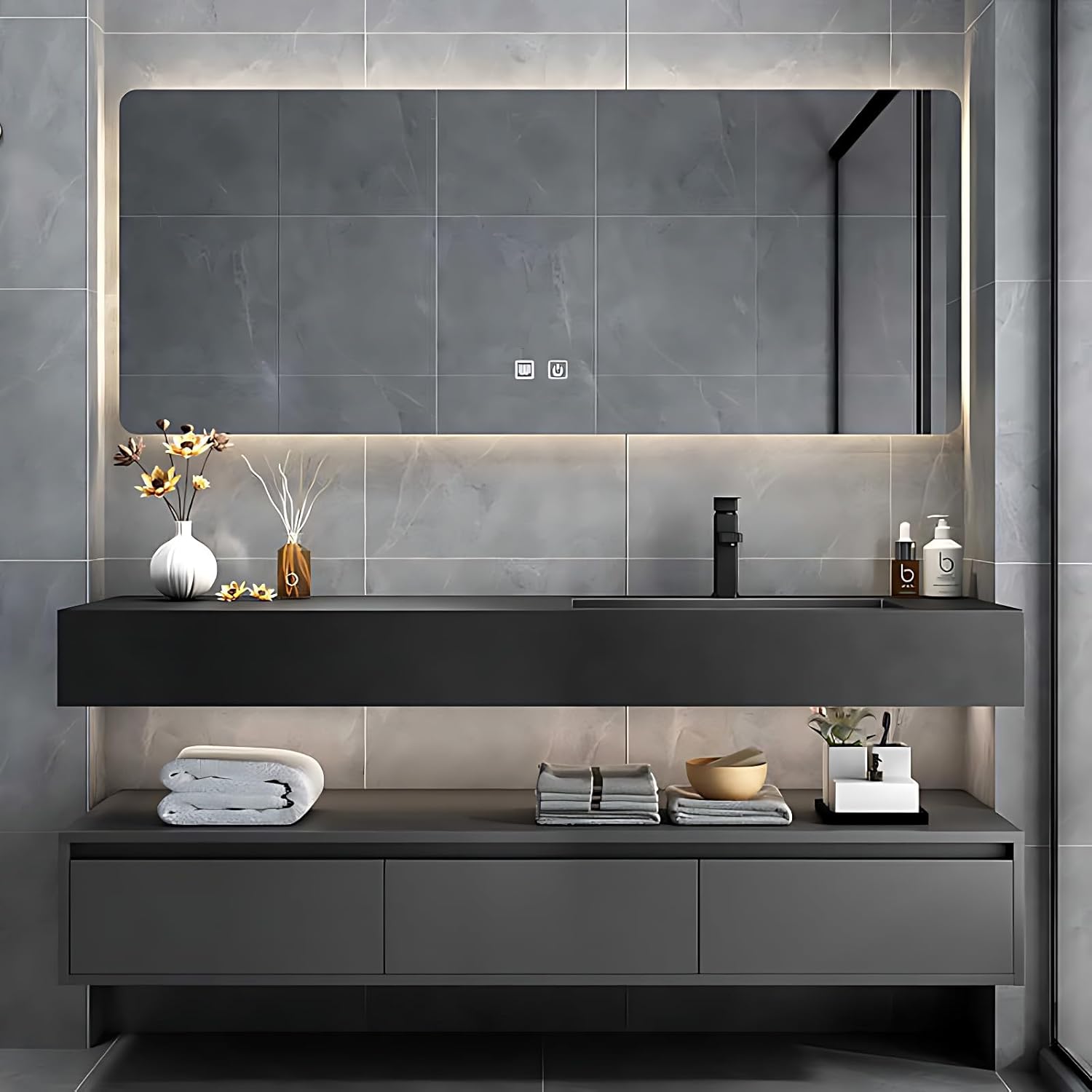 Bathroom Vanity with Sink - Single Sink Bathroom Vanity Cabinet & Smart Mirror Set, Modern Floating Vanity with Drawers, Multi-Layer Solid Wood Material | Wall Mounted (56")