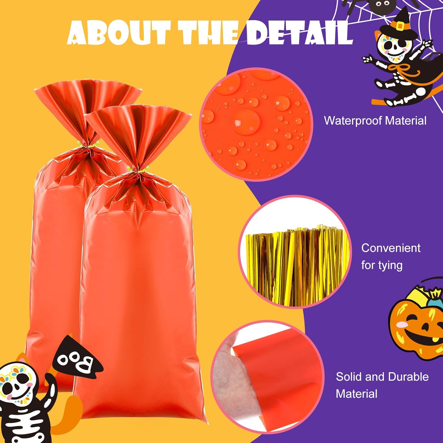 Clabby 100 Pcs Cellophane Bags Candy Plastic Gift Treat Party Favor Bags with Twist Ties for Fall Halloween Thanksgiving Christmas Birthday Goodie Cookie Snack Gift Wrapping Supplies(Orange)