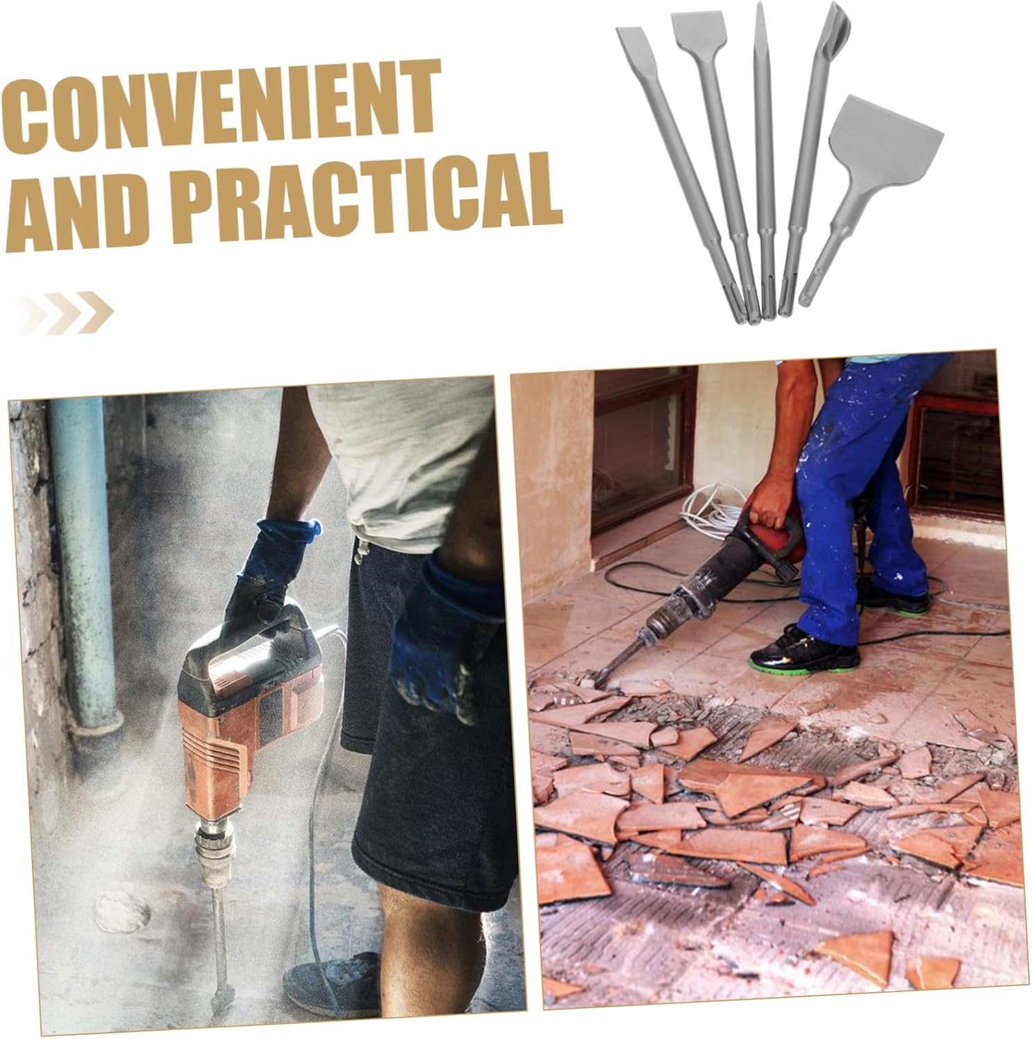 5pcs Hammer Chisel Set Tile Remover Tool Wide Flat Pointed U-shaped Chisel for Concrete Brick Drywall Tile Removal