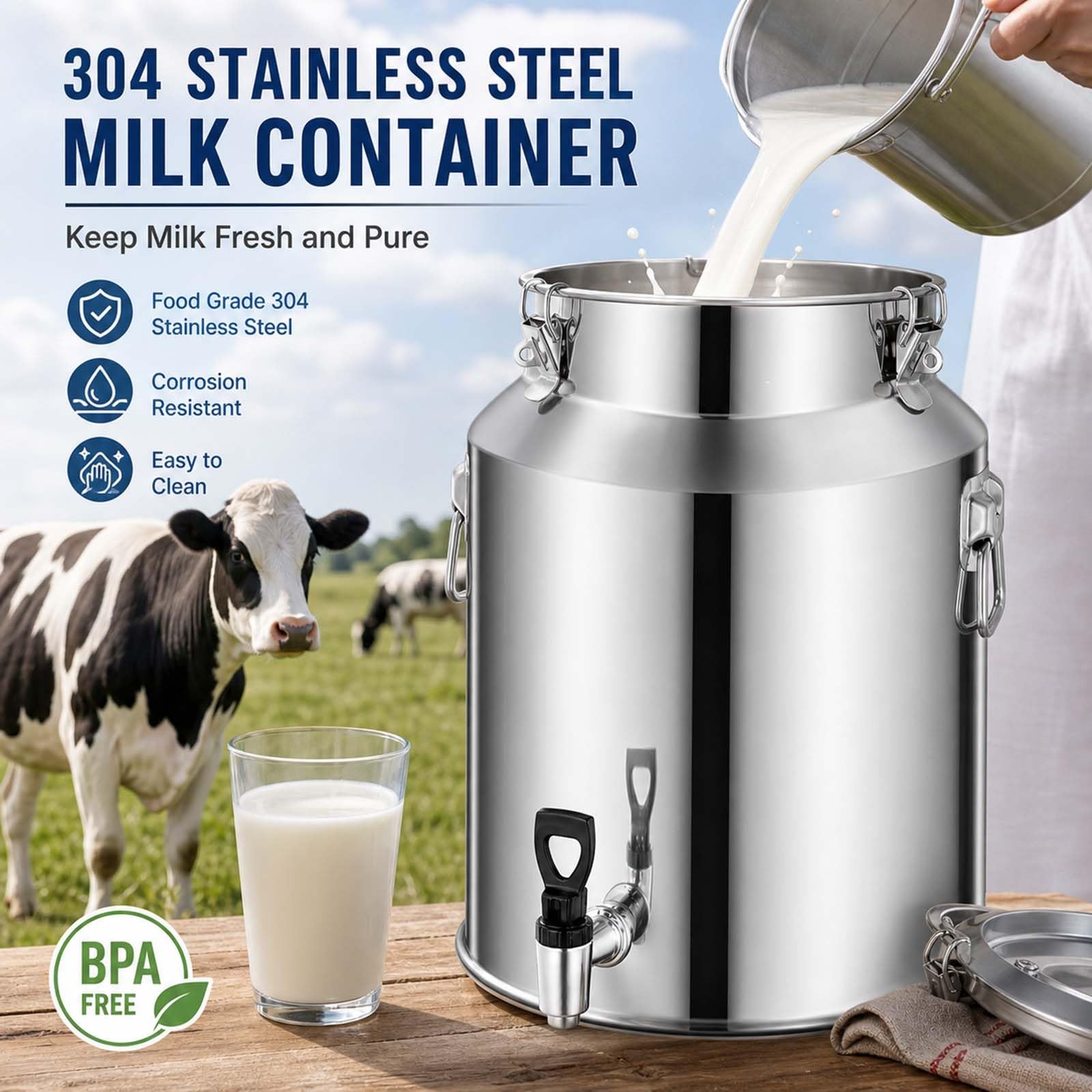 Milchkanne 304 Edelstahl Wasserspender, 48L 64L 76L 88L Milcheimer Transportkanne mit Luftdichtem Deckel und Ablasshahn, Auslaufsicherer Behälter für Wein & Speiseöl