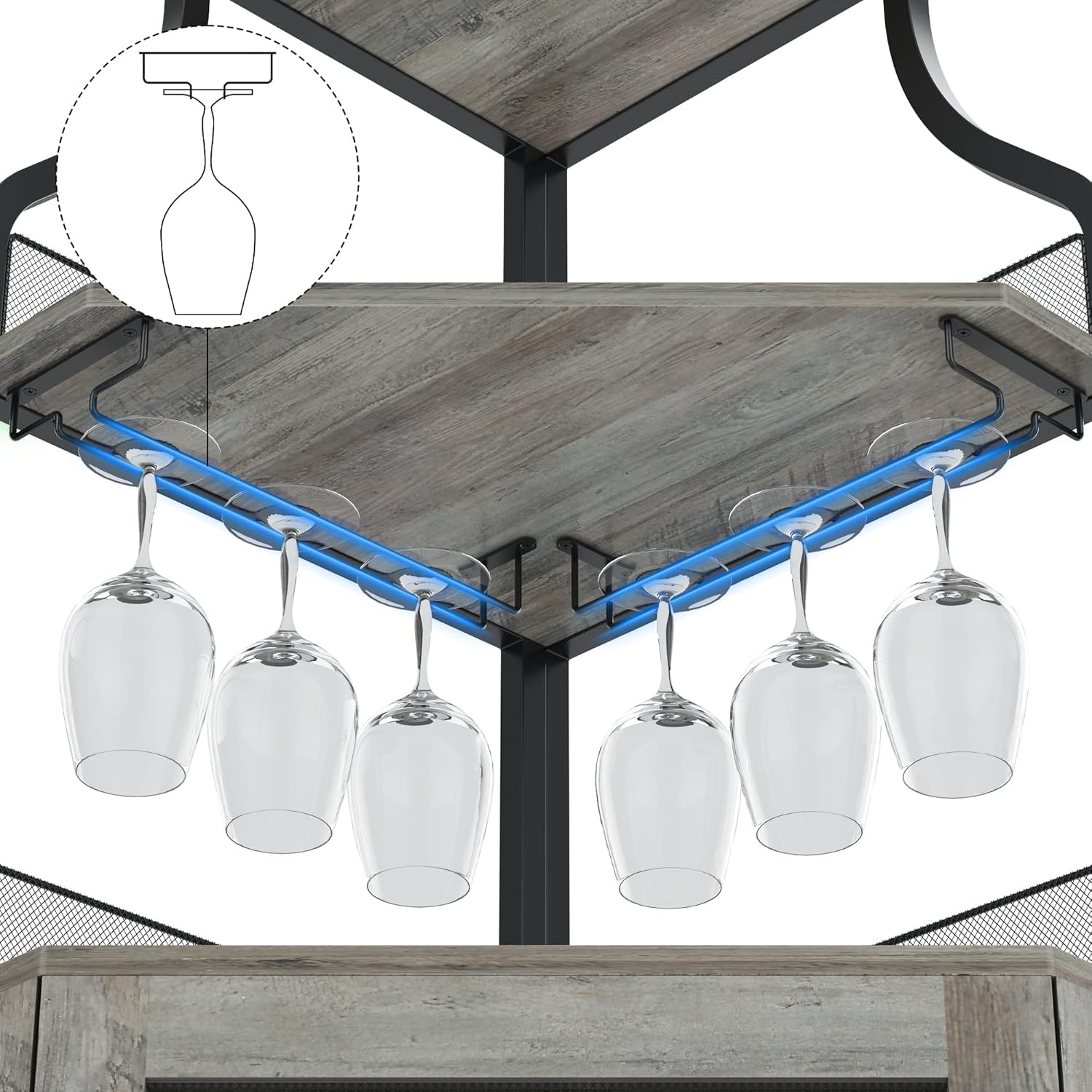 Armadietto angolare in legno con 2 supporti in vetro, armadio ad angolo con ante in metallo e 4 ripiani, cucina con superficie di lavoro, mobili da bar per ingresso, soggiorno, cucina (152 x 90 x 32