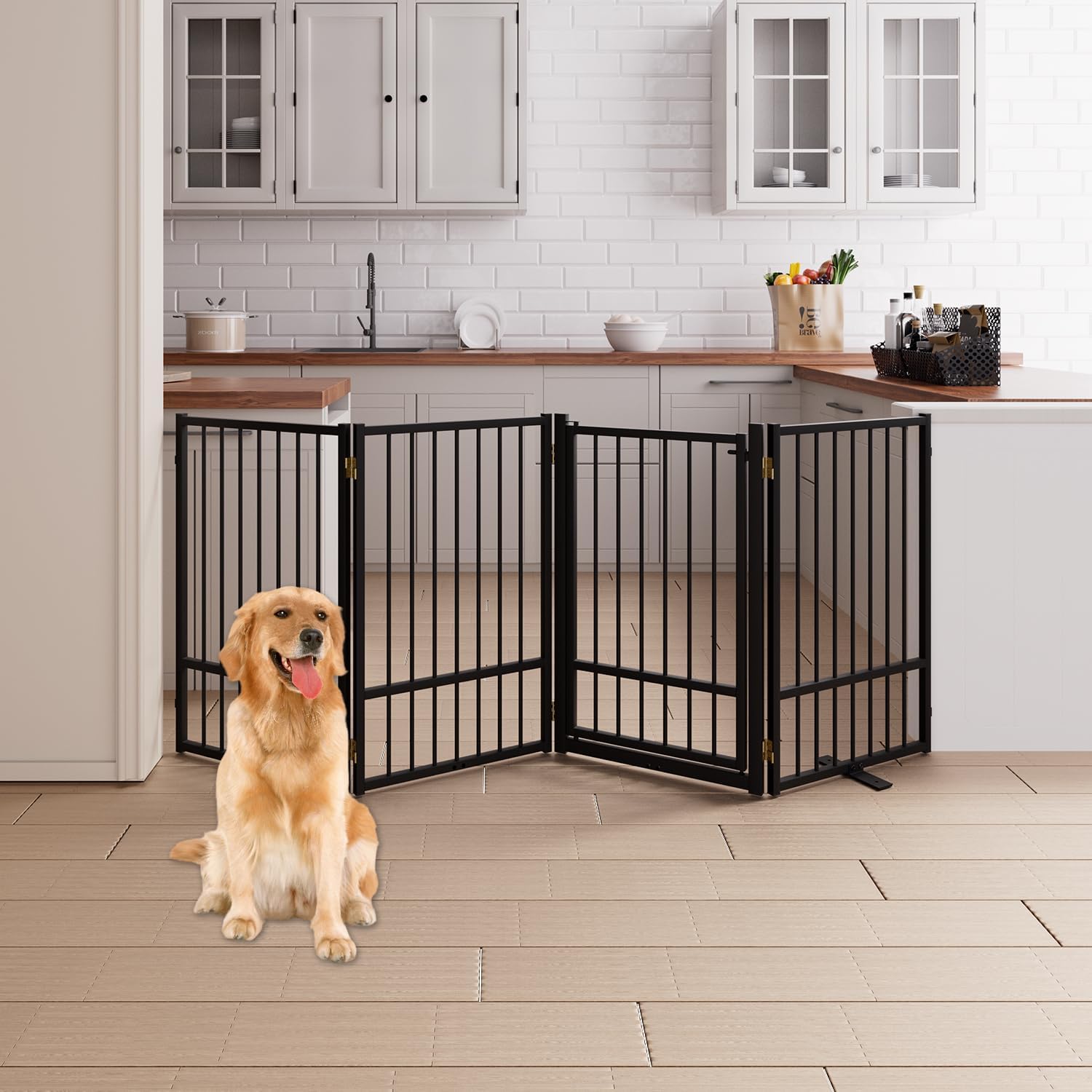 4 Panels Full Metal Freestanding Dog Gates with Door, 80” W x 32” H Folding Pet Gate Fence with Support Feet for Indoor,Stairs, Hallways and Doorways(Black)