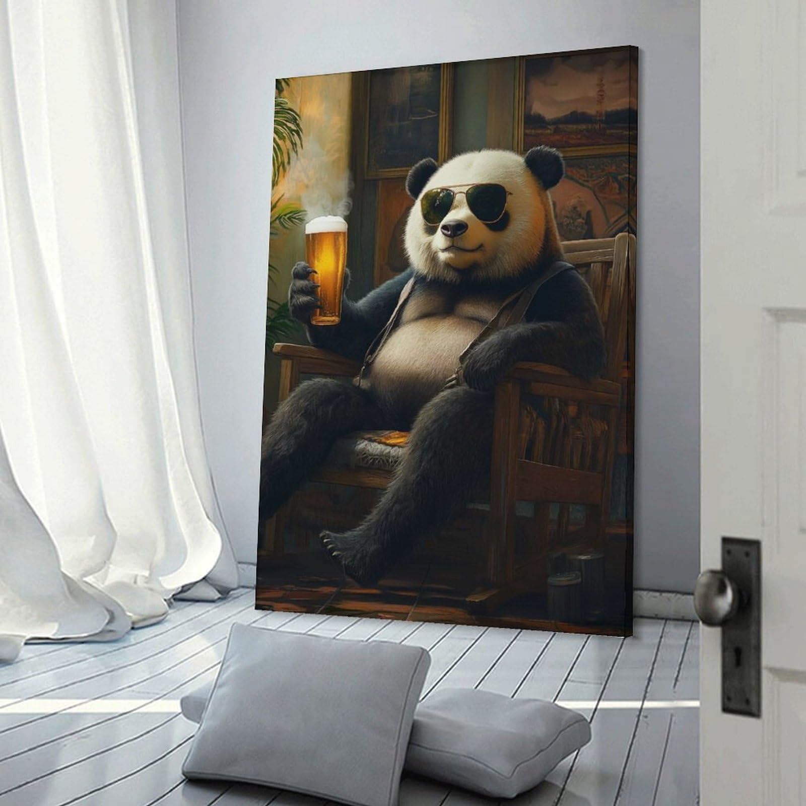 Junmoney Frame-Style-20 Panda Bear Relaxing With Beer Canvas Wall Picture, 24X36inch(60X90cm), For Living Room, Bedroom Or Apartment Walls, Decorative Artwork For Empty Walls