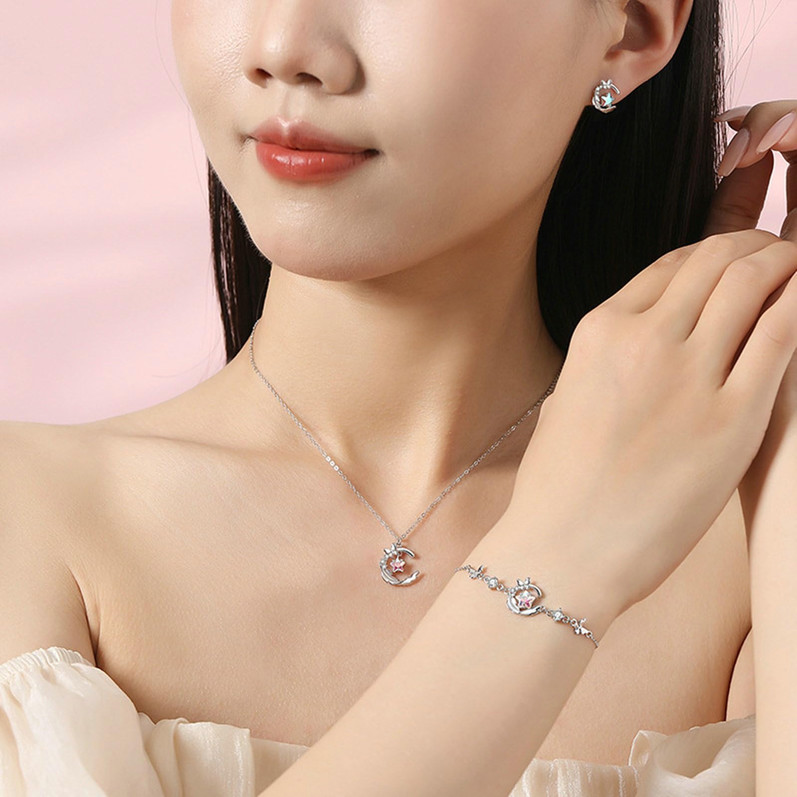 Collares de oro blanco de 9/14/18 quilates para mujer, colgante de luna, estrella de mariposa con piedra lunar, collar de moda de 40 + 5 cm