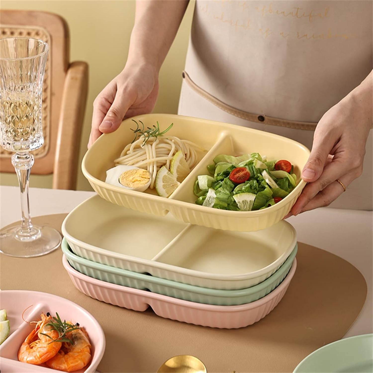 Weight Management Tableware - Solid Color Fat-reducing Tableware 9.5" Square Divided Plates with Carved Non-slip Bottom 2 Sectioned Portion Control Plates for Adults Breakfast Plate Fruit Platter (Co