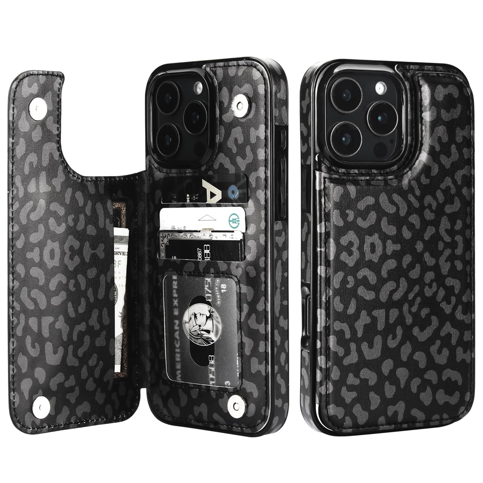 HAOPINSH for iPhone 16 Pro Max Wallet Case with Card Holder, Black Leopard Cheetah Pattern Back Flip Folio PU Leather Kickstand Card Slots Case for