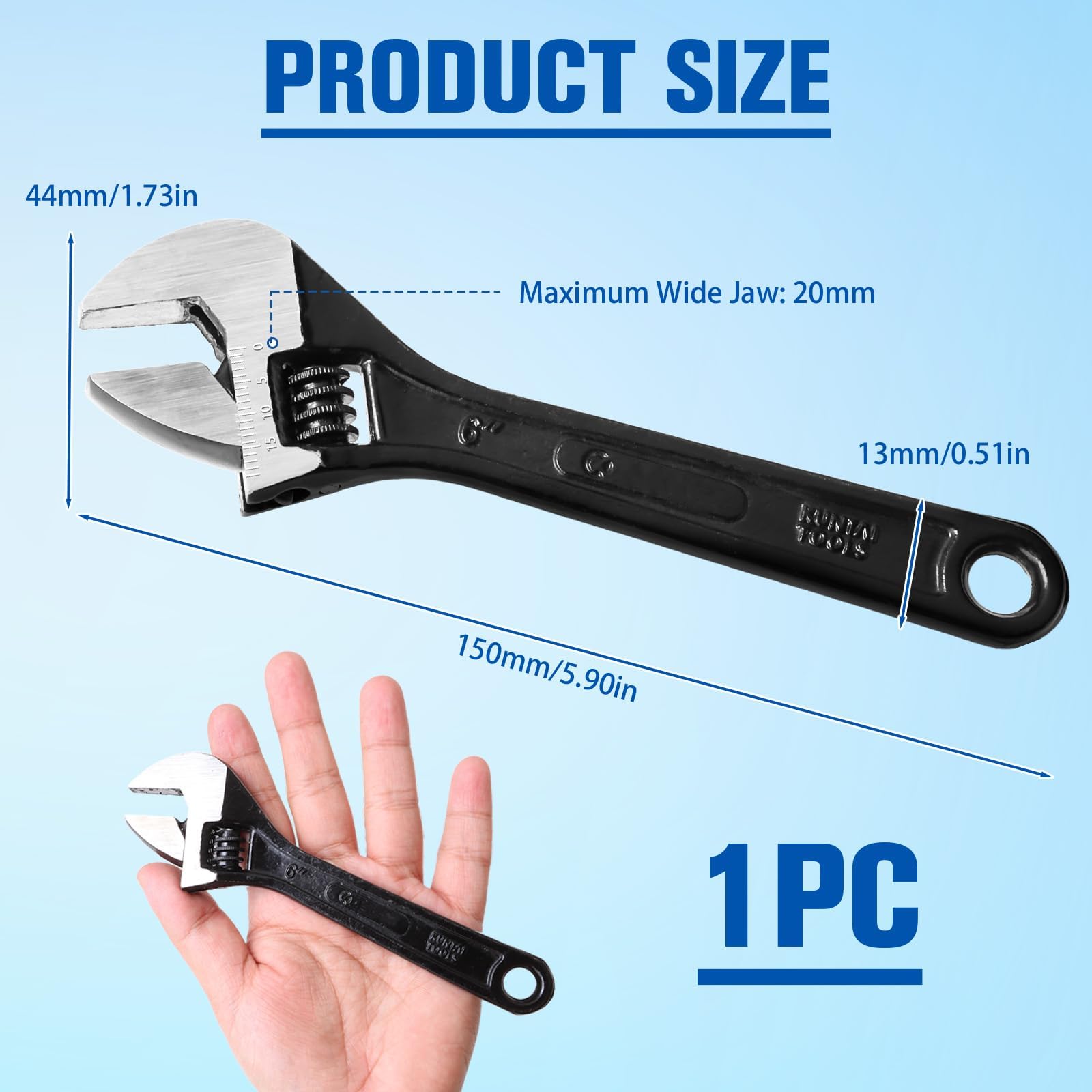 QTMMC 6 inch Adjustable Spanner 20mm Wide Jaw Opening Small Adjustable Wrench 150mm Portable Steel Hand Wrenches Tools Multifunction for Industry Mechanical Auto Repair (Black) - Image 2