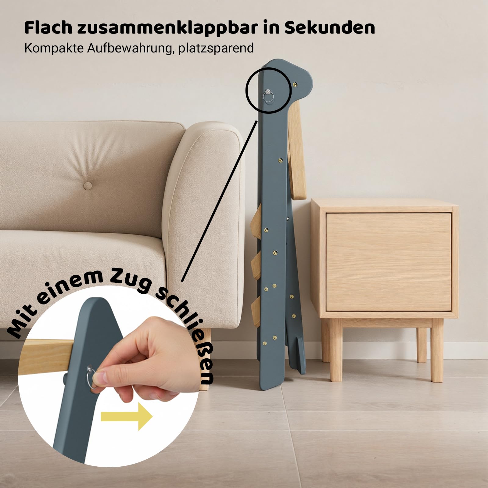 COSYLAND Lernturm ab 1 Jahr klappbar – iF Design Award Gewinner, höhenverstellbarer Lernturm mit Sicherheitsnetz, Montessori Learning Tower/Lernstuhl für Kinder, Holz (Schieferblau & Natur)