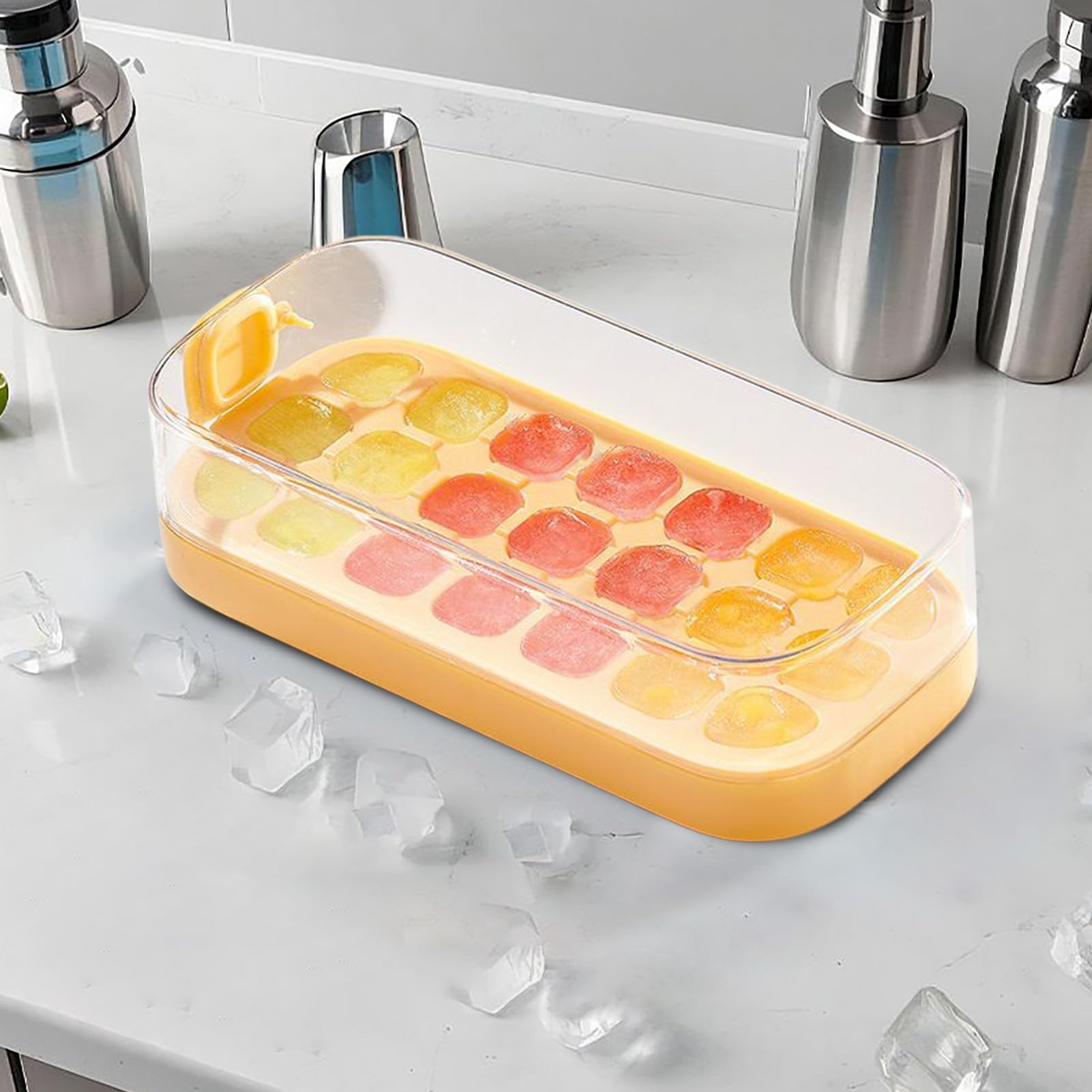 Eiswürfelform, Eiswürfelschale mit Deckel | Wiederverwendbare Eiswürfelbehälter – Lebensmittelform, großes Fassungsvermögen, Behälter for Eiswürfelbereiter(Yellow)