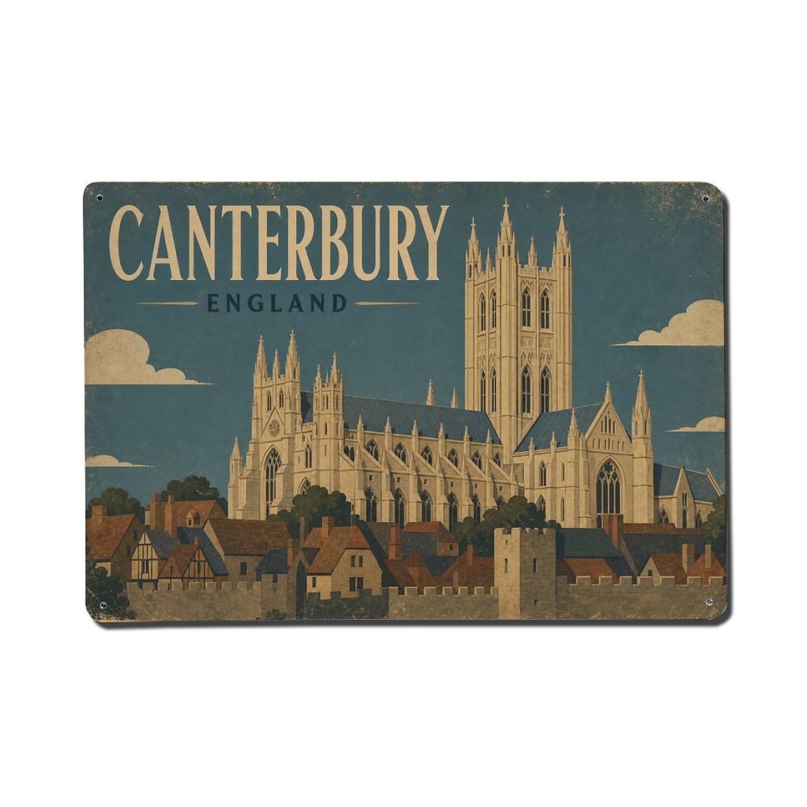 Vintage Travel UK Canterbury 1 Metal Tin Sign Plaque Wall Decor for Cafe, Club Bar, Office, Garden Metal Poster 8x12Inch