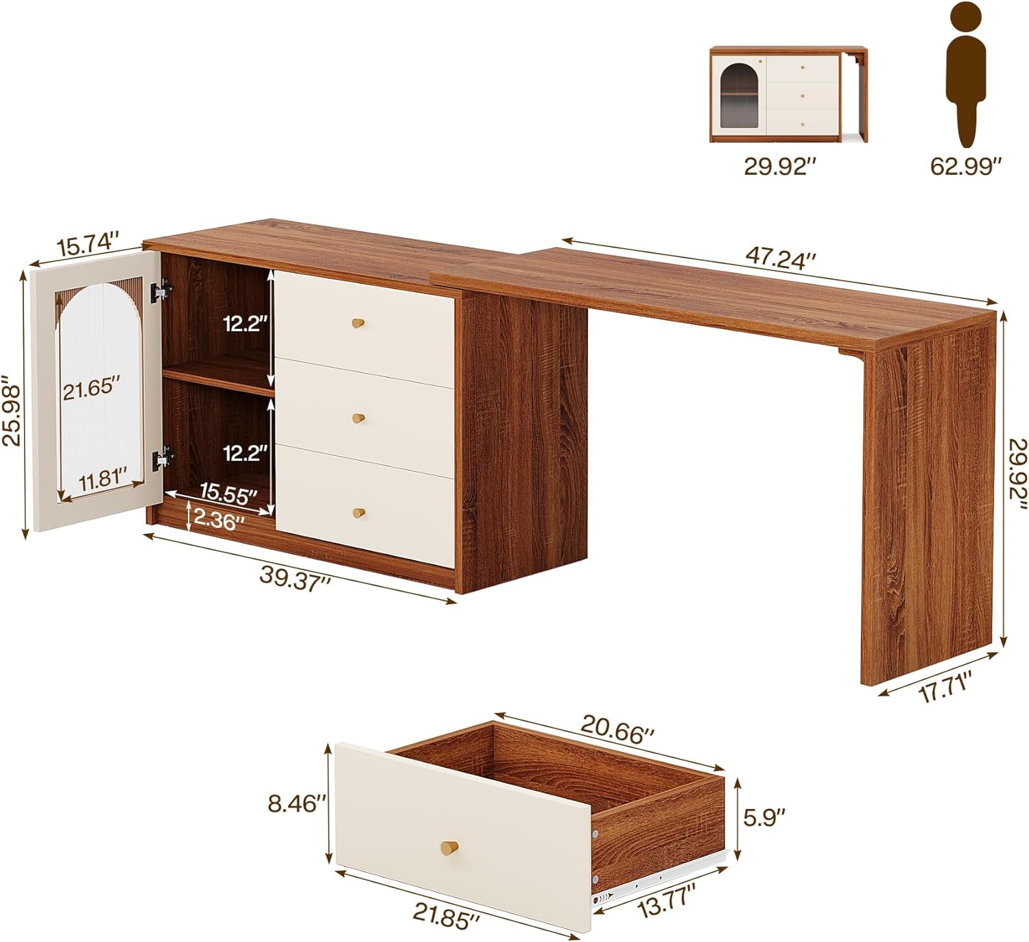 Tribesigns Modern Makeup Vanity, Retractable Large Vanity Desk with 3 Drawers and Cabinet, Makeup Corner Dressing Table for Bedroom, Walnut and White (Without Mirror)