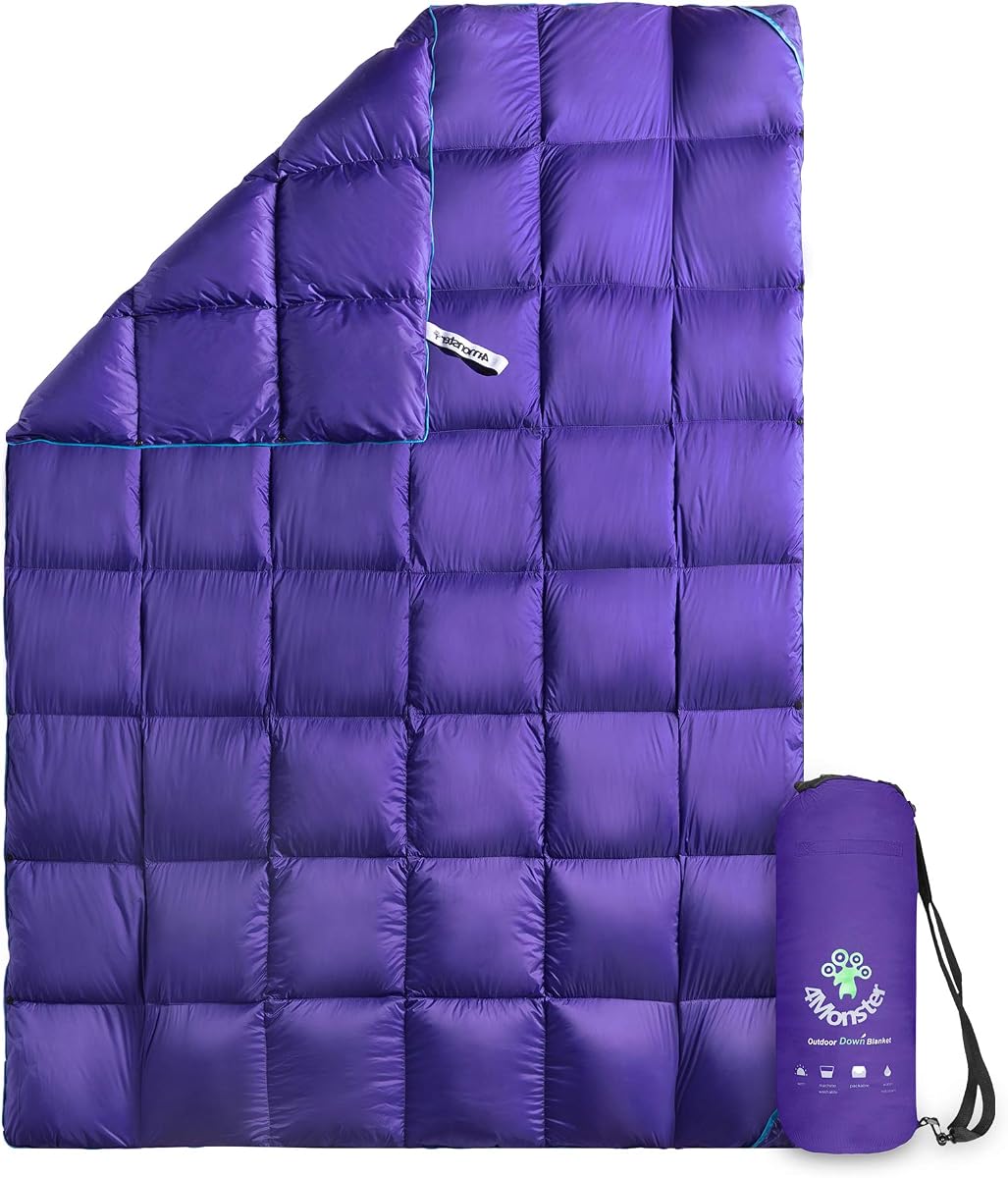 4Monster Manta de plumón para acampar, manta hinchada ultraligera y plegable con potencia de relleno de 650, colcha para exteriores cálida, impermeable y resistente al viento para mochileros, viajes, estadio, playa