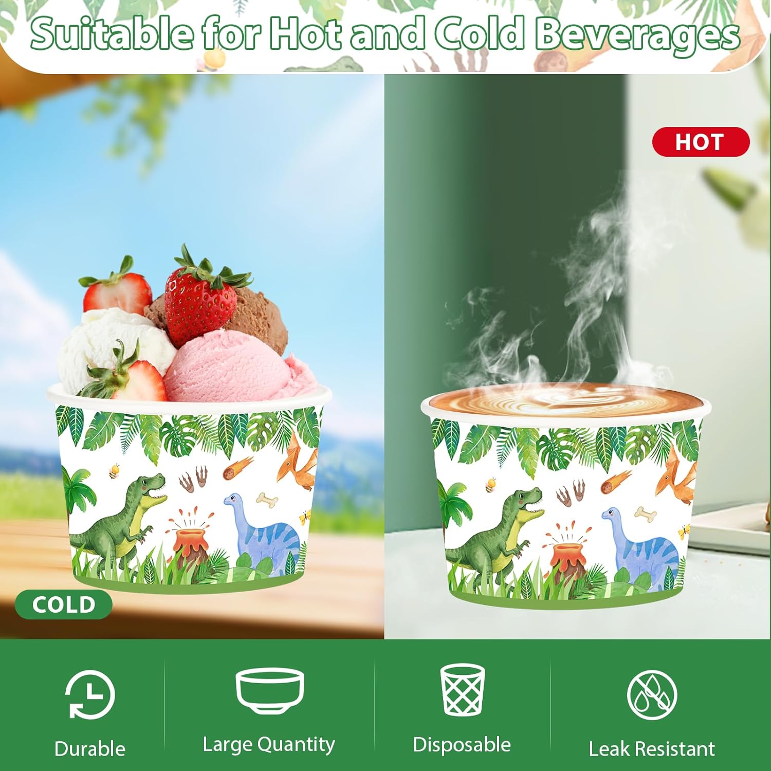 120 Pcs Dinosaur Ice Cream Cups 12 Oz Disposable Cartoon Dinosaur Paper Dessert Snack Bowls Dino Themed Food Yogurt Containers for Food Soup Candies Kids Birthday Baby Shower Picnic Party Decorations