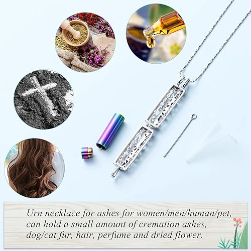 Miniatura 5 de Imrsanl Collar con colgante de urna de cremación con vial de cilindro hueco, urna de recuerdo, joyería de cremación, medallones conmemorativos