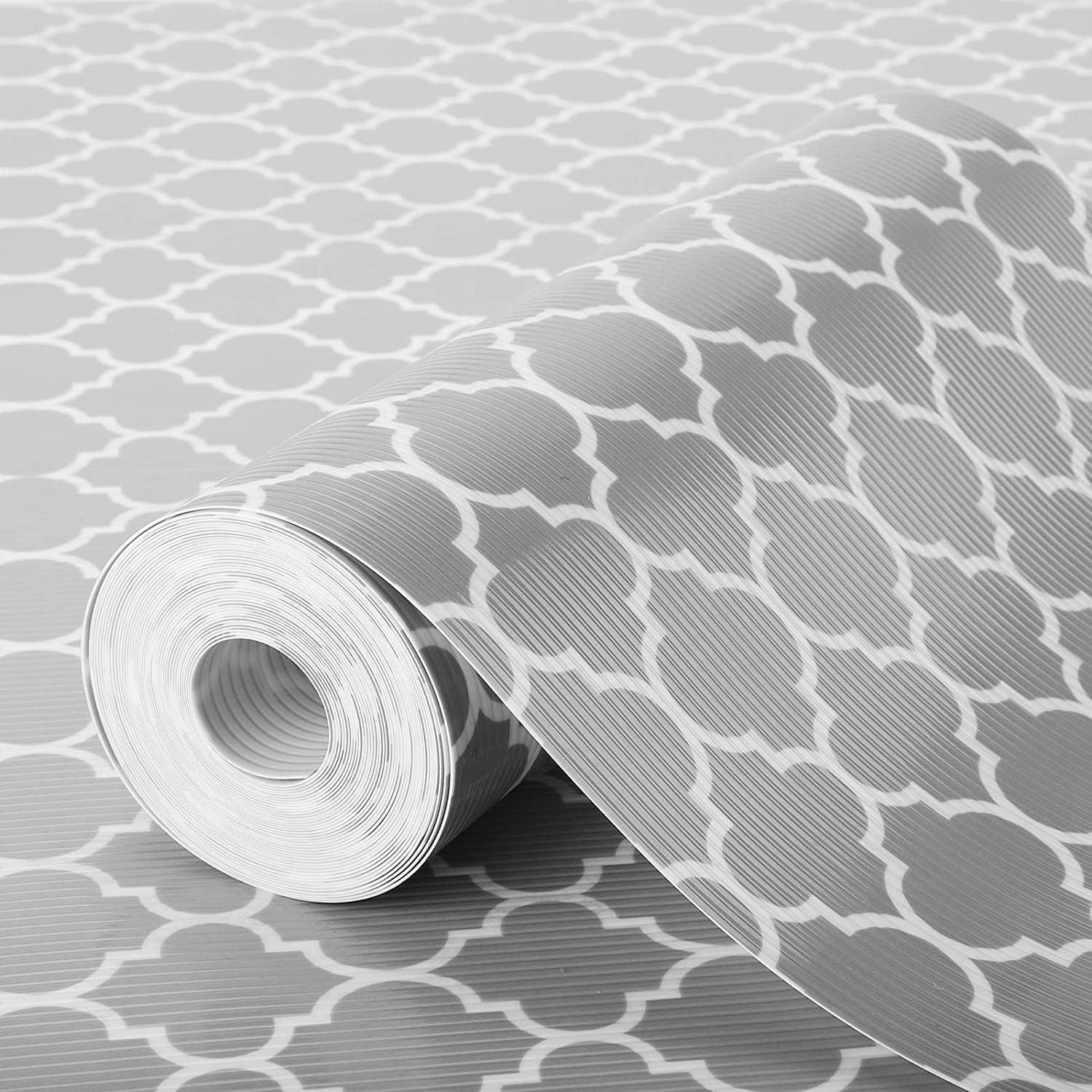 Shelf Liner for Kitchen Large 2 Rolls (40 x 200cm) Non-Adhesive Drawer Mats, Non-Slip Food Grade EVA Drawer Liner, Stain-Proof Liner for Shelf, Refrigerator (Gray Quatrefoil)