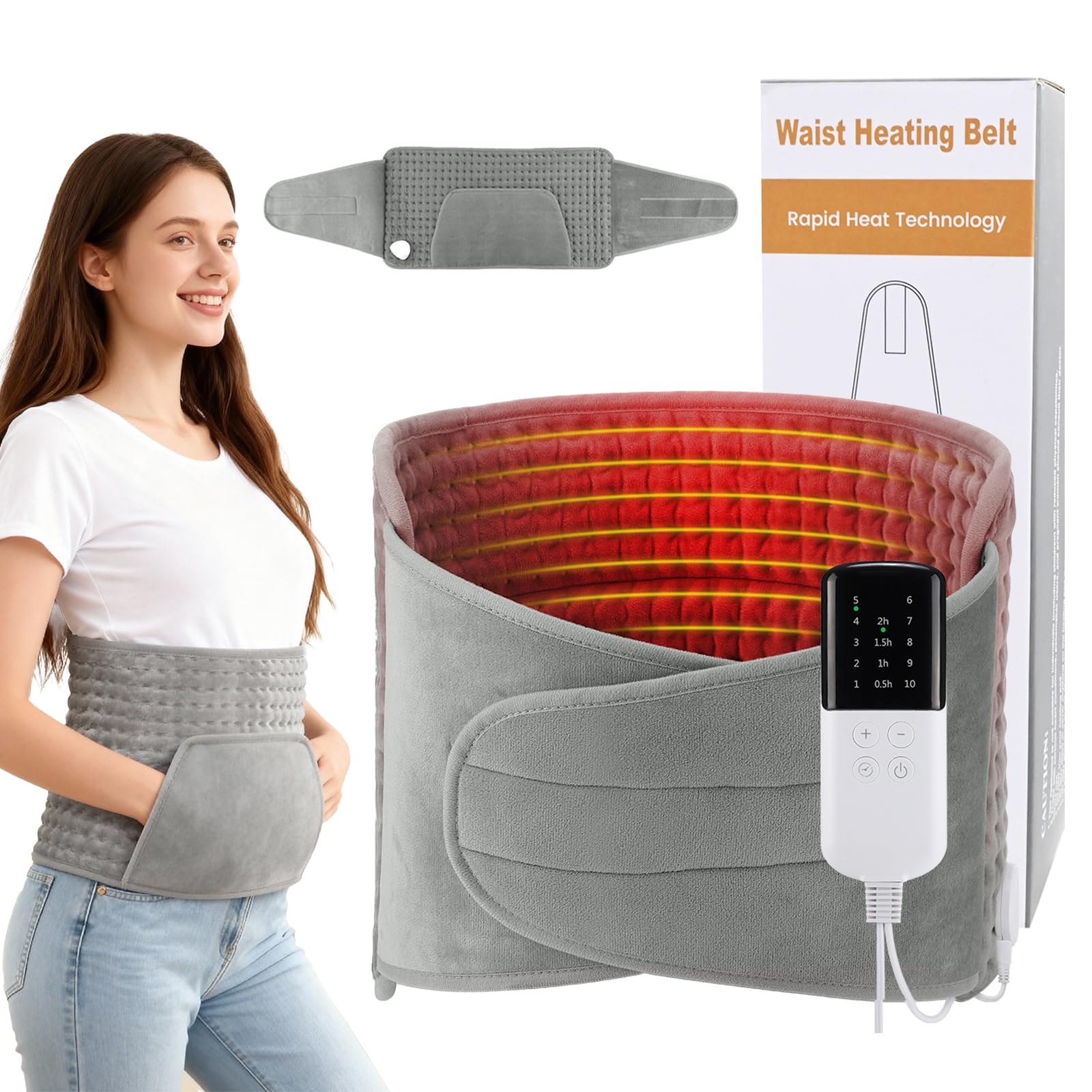 Ceinture Chauffante Lombaire, Coussin Chauffant Electrique 125 x 30 cm avec Poche pour Chauffe Main, pour le dos, le Ventre et la Taille, Chauffage Rapide, 4 Réglages de Minuterie, 10 Température