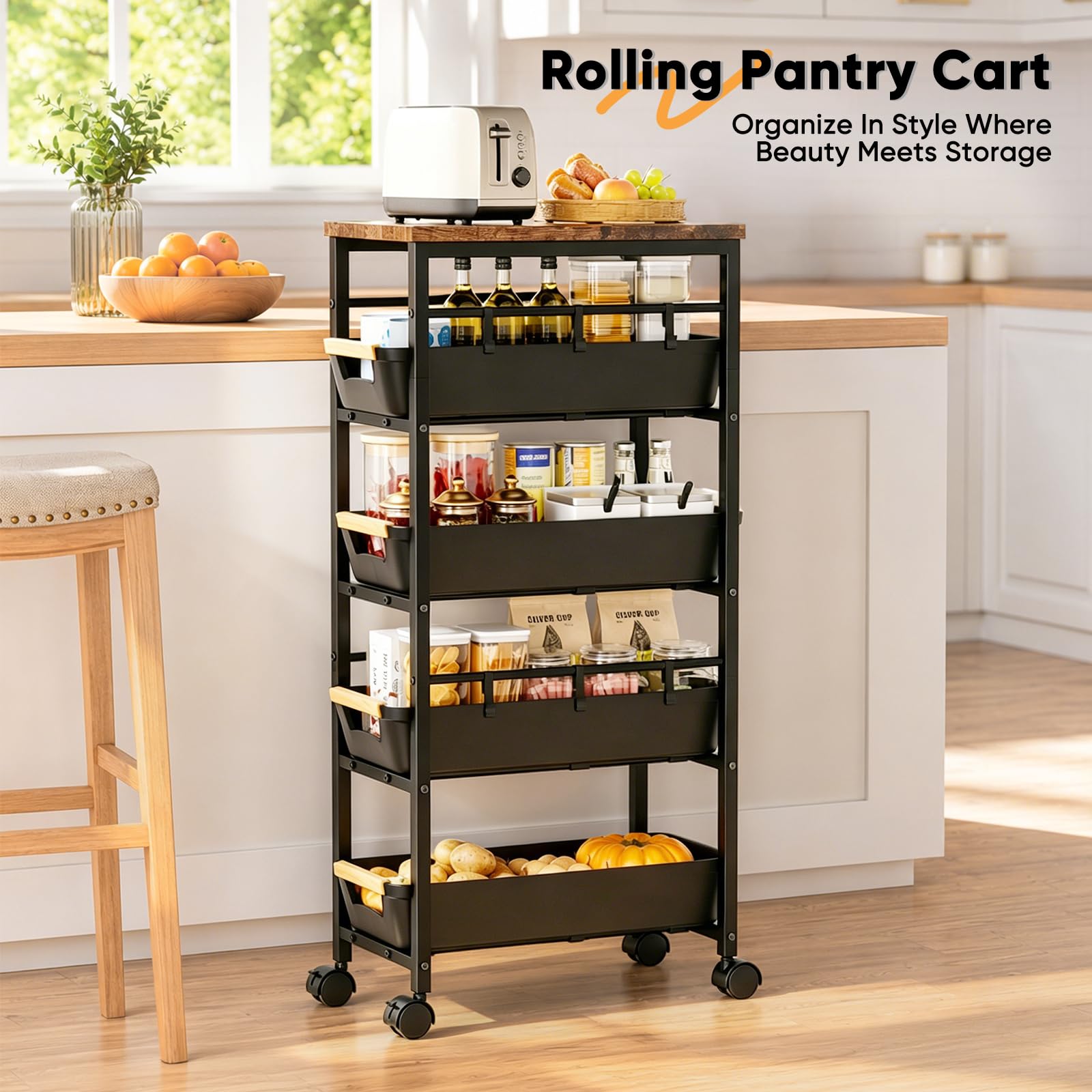 Carrito Cocina con Ruedas, Carrito Cocina con Cestas Retráctiles con 5 Cajones, Verdulero Cocina con 6 Ganchos y Mecanismo de Frenado, Adecuado para Cocina, Baño