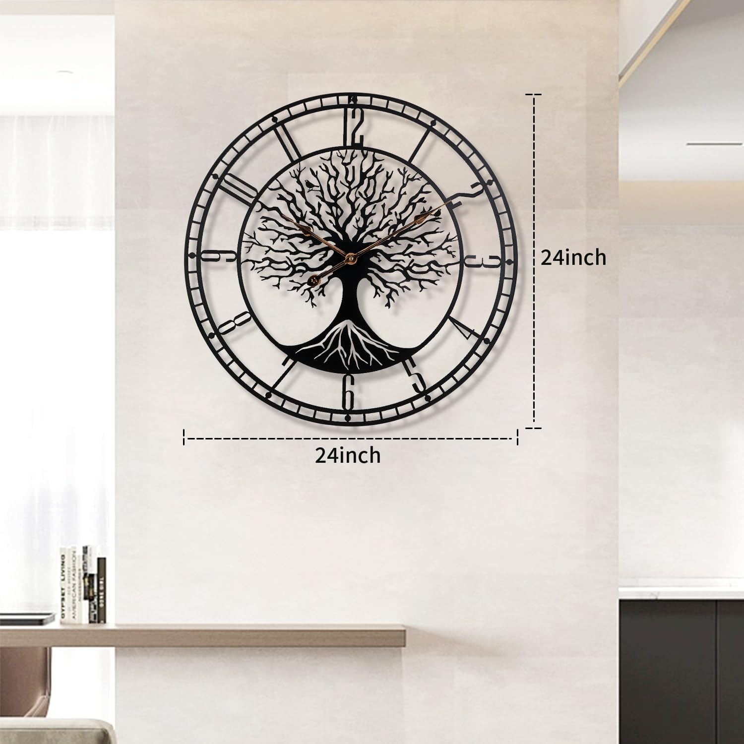 Grande albero della vita Orologio da parete in metallo nero Grande decorazione per la casa soggiorno con numeri silenziosi moderni di mezzo secolo