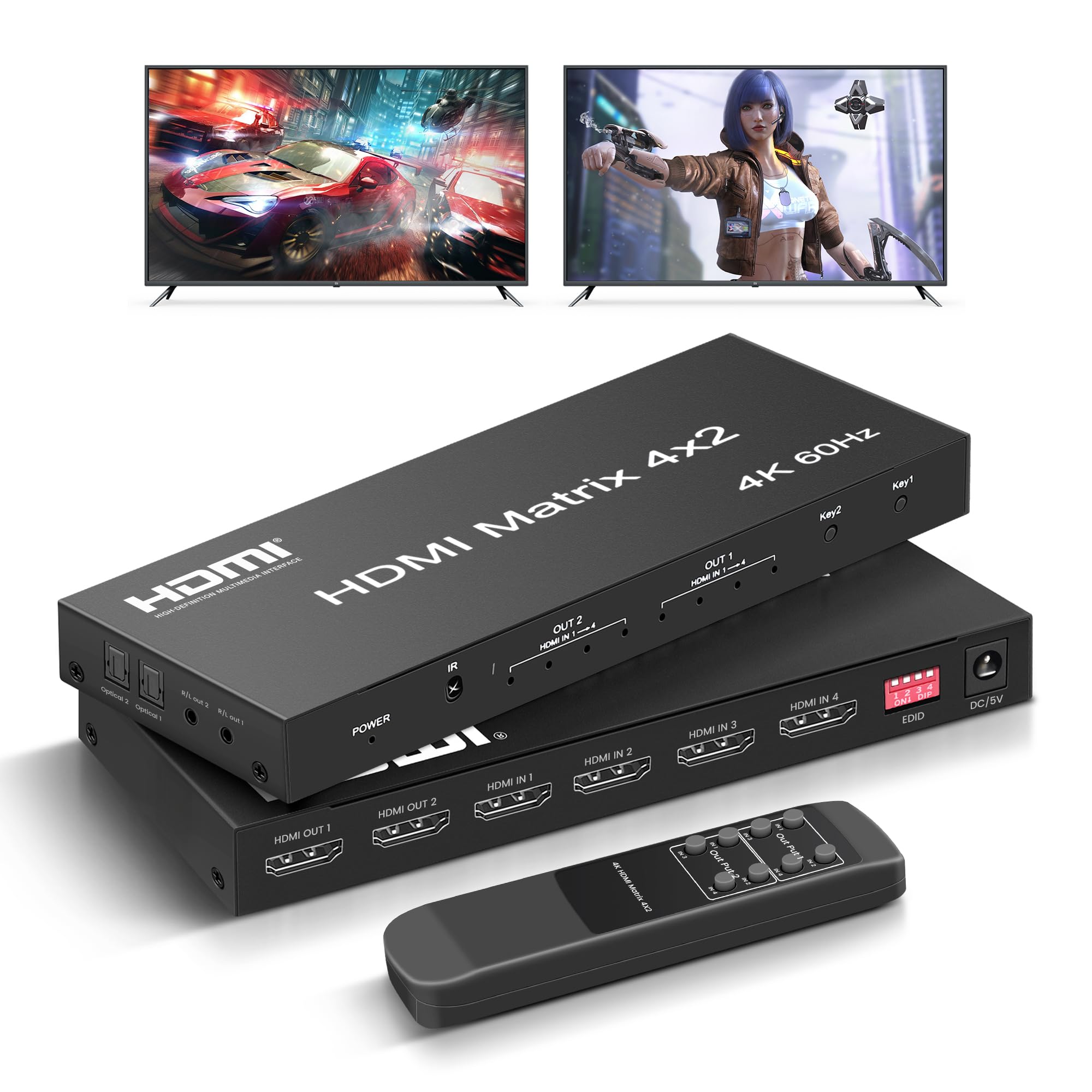 Photo 1 of FERRISA 4x2 HDMI Matrix, 4K@60Hz 4 in 2 Out HDMI Switch Splitter with IR Remote, HDMI Matrix Switch + Optical + 3.5mm Audio Output, Support HDMI2.0, HDCP2.2, Auto Downscaler, 3D, Audio Extractor