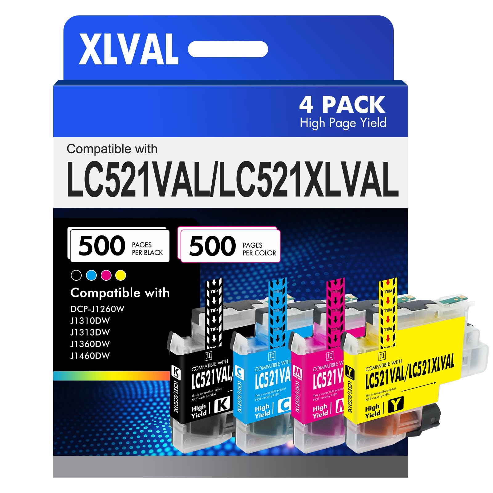 LC521 XL LC521VAL LC521XL 4er-Pack Tintenpatronen Kompatible für Brother LC 521 LC-521 XLVAL für Brother DCP-J1260W DCP-J1360DW DCP-J1310DW DCP-J1313DW DCP-J1460DW Drucker Schwarz Cyan Magenta Gelb