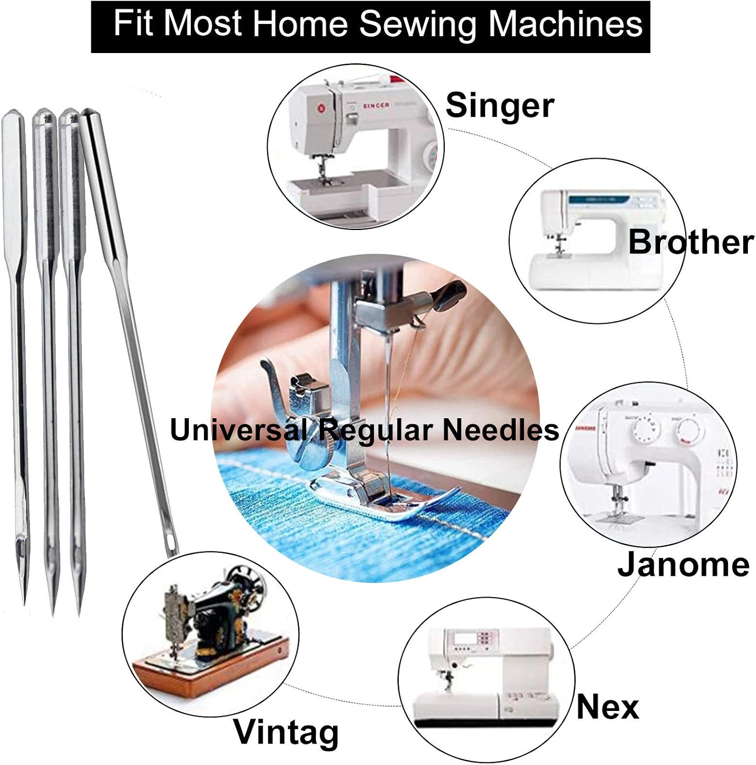DALARAN Sewing Machine Needles, 50pcs Universal Regular Needles for Singer, Brother, Janome, Varmax, Sizes HAX1 65/9, 75/11, 90/14, 100/16, 110/18