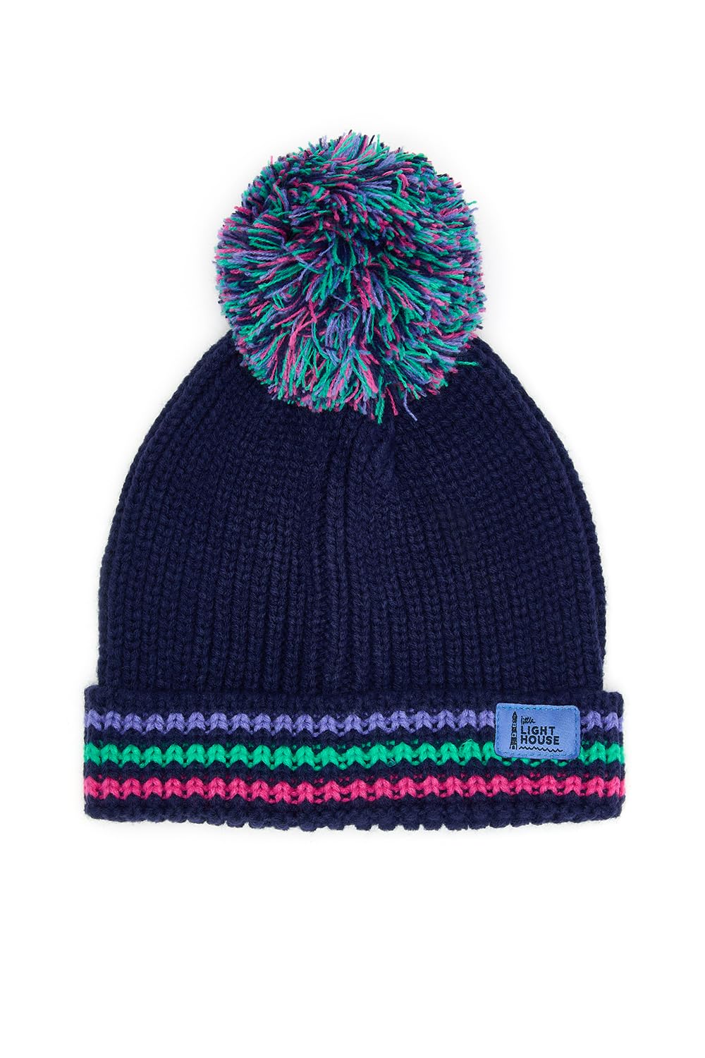 LightHouse Kids Bobbie Warm Bobble Cable Knit Hat - Childrens Winter Outdoor Headwear - Pink Purple Teal Striped - 2-4 Years